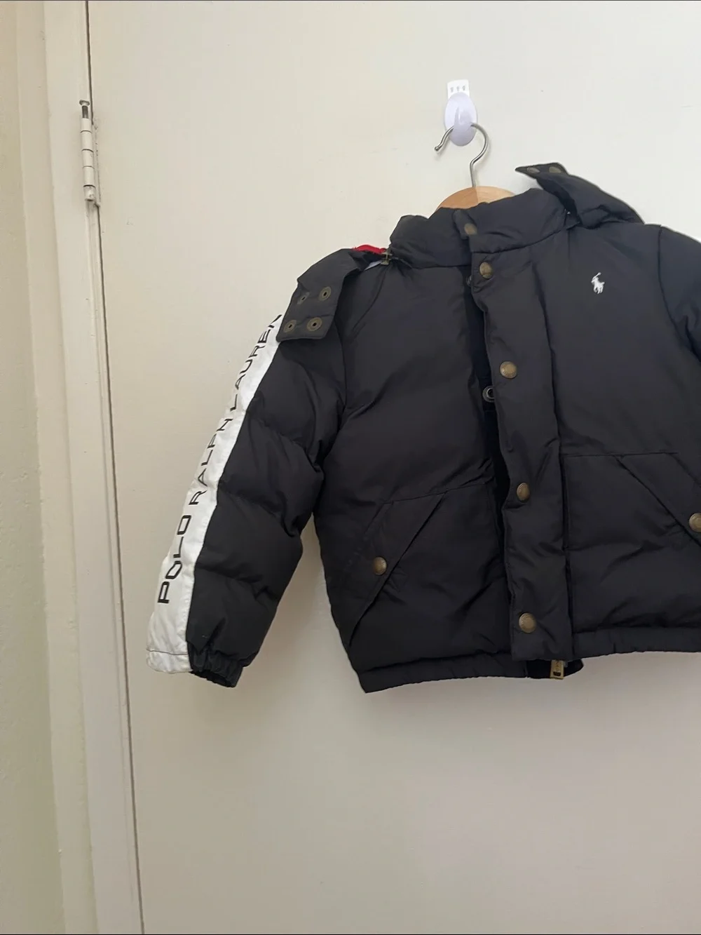 Polo by Ralph Lauren Black Boys Puffer Jacket with Red Lining and Trim